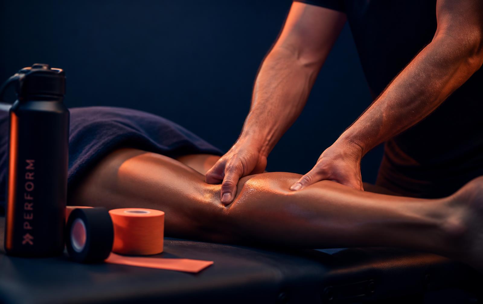 Massage sportif des mollets d'un athlète sur table de massage